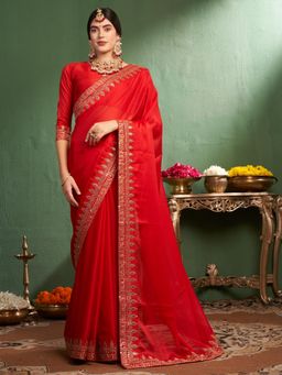 Nyri - Satin Chiffon Blood Red Wedding Saubhagyavati Embroidered Saree with Unstitched Blouse