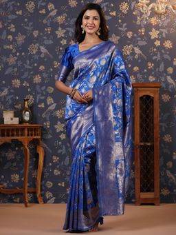 Nyri - Pure Silk Samarkand Blue Banarasi Woven Zari Border Saree with Unstitched Blouse