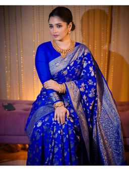 Nyri - Pure Silk Samarkand Blue Banarasi Woven Zari Border Saree with Unstitched Blouse