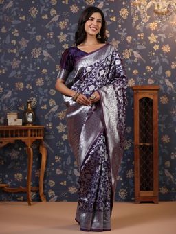 Nyri - Pure Silk Jewel Stone Purple Banarasi Zari Border Saree with Unstitched Blouse