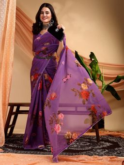 Nyri - Pure Georgette Lavender Abstract Printed Indie Florals Saree with Unstitched Blouse