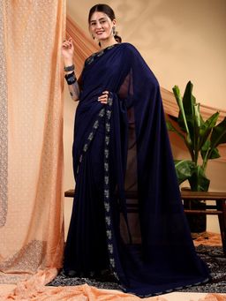Nyri - Silk Blend Navy Blue Embroidered Designer Saree with Unstitched Blouse
