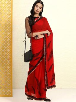Nyri - Red Pure Georgette Computerized Leaf Party Saree with Unstitched Blouse