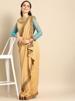 Nyri - Beige Silk Blend Embroidered Party Saree with Unstitched Blouse