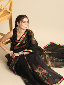Nyri - Organza Floral Printed Banjara Saree with Unstitched Blouse with Matching Blouse
