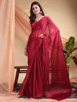 Nyri - Pure Chiffon Cherrish Red Sequinned Saree with Unstitched Blouse