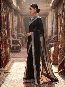 Nyri - Pure Georgette Black Blooming Saree with Unstitched Blouse with Sequinned Blouse