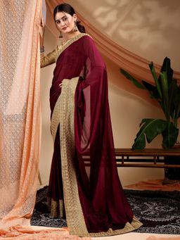 Nyri - Pure Chiffon Wine Embroidered Designer Saree with Unstitched Blouse