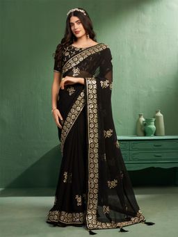 Nyri - Black Pure Georgette Embellished Sequinned Saree with Unstitched Blouse