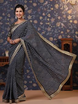 Nyri - Pure Coal Black Rajasthani Leheriya Printed Sequinned Saree with Unstitched Blouse