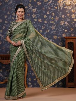 Nyri - Pure Georgette Earthy Olive Rajasthani Leheriya Saree with Unstitched Blouse