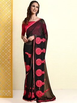 Nyri - Black Pure Georgette Geometric Embroidered Heavy Work Saree with Unstitched Blouse