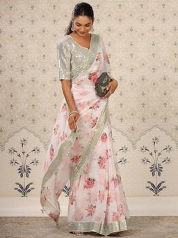 Nyri - Pure Georgette Dusty White Floral Printed Embroidery Saree with Unstitched Blouse