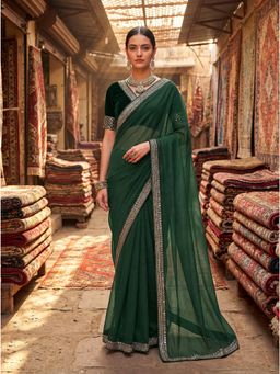 Nyri - Net Green & Golden Saree with Unstitched Blouse & Gold Sequinned Border