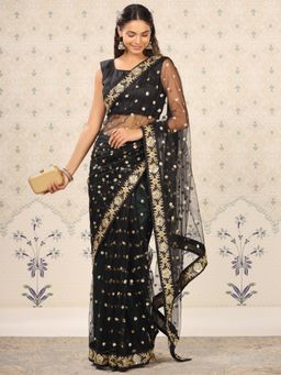 Nyri - Supernet Coal Black Colourblocked Sequinned Festive Saree with Unstitched Blouse