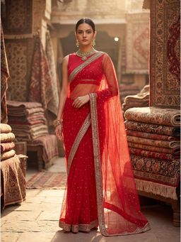 Nyri - Net Wedding Red & Golden EmbrNyriry Saree with Unstitched Blouse & Gold Sequinned Border