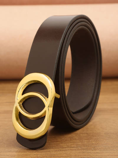 Women Coffee Brown And Gold Tone Solid Genuine Leather Belt
