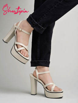 Shoetopia - Stylish Strappy Cream Casual High Heels