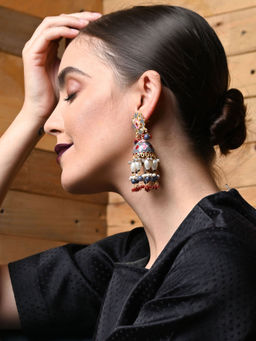 Odette - Grey And Red Rhinestone Flower Designed Jhumka