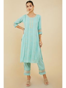 Soch - Women Blue Rayon Embroidered Kurta (Set of 2)