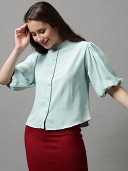SHOWOFF - Women's Puff Sleeves Solid Sea Green Blouson Top