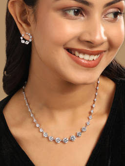 Nuyug - White Brass Silver Plated Stones Necklace and Pair Of Earrings (Set of 2)