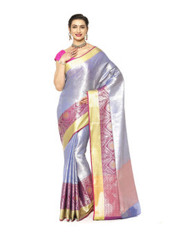 Banarasi Silk Works - Blue Zari Kanchi Silk Tanchoi Meena Saree with Unstitched Blouse
