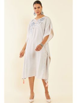 Soch - Grey Rayon Slub Floral Embroidered Kaftan Dress with Tassels and Crochet Lace