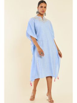 Soch - Blue Rayon Slub Floral Embroidered Kaftan Dress with Crochet Lace and Tassels