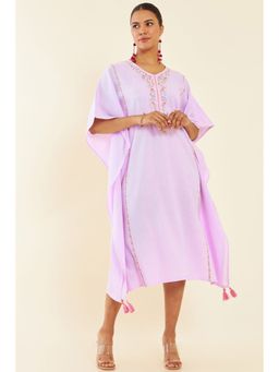 Soch - Purple Rayon Slub Floral Embroidered Kaftan Dress with Tassels and Crochet Lace