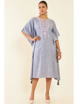 Soch - Grey Rayon Slub Embroidered Kaftan Dress with Crochet Lace and Tassels