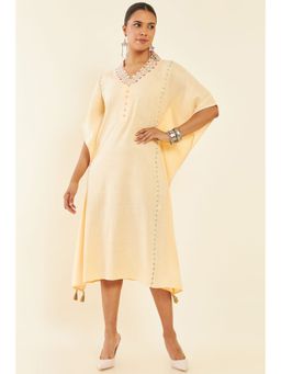 Soch - Yellow Rayon Slub Floral Embroidered Kaftan Dress with Tassels and Crochet Lace