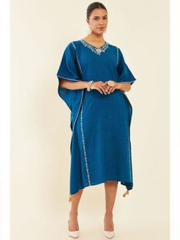 Soch - Teal Rayon Slub Floral Embroidered Kaftan Dress with Crochet Lace and Tassels