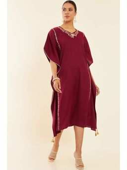 Soch - Maroon Rayon Slub Floral Embroidered Kaftan Dress with Crochet Lace and Tassels