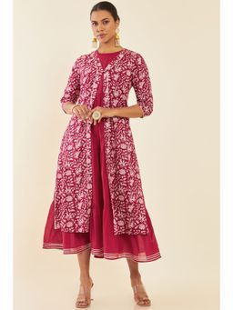 Soch - Red Cotton Layered and Tiered Jacket Kurta Dress with Floral Print & Gota Patti (Set of 2)
