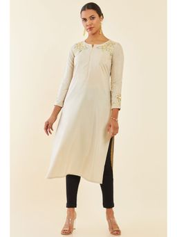 Soch - Beige Rayon Floral Embroidered Kurta with Cutwork and Mirror Embellishment