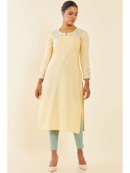 Soch - Light Yellow Rayon Floral Embroidered Kurta with Cutwork and Mirror Embellishment