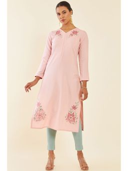 Soch - Peach Rayon Floral Embroidered Kurta with Cutwork and Mirror Work