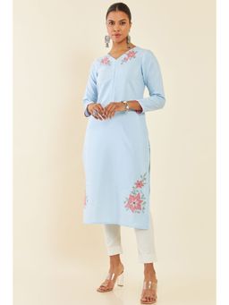 Soch - Blue Rayon Floral Embroidered Kurta with Cutwork and Mirror Work