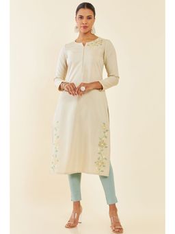 Soch - Beige Rayon Floral Embroidered Kurta with Cutwork and Mirror Embellishment