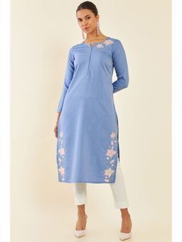 Soch - Blue Rayon Floral Embroidered Kurta with Cutwork and Mirror Embellishment