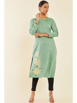 Soch - Green Rayon Floral Embroidered Kurta with Cutwork and Mirror Embellishment