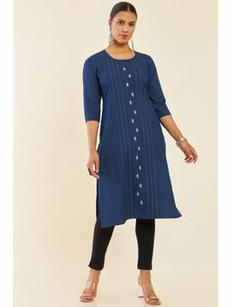 Soch - Blue Cotton Blend Straight Kurta with Embroidered Motifs and Stripes