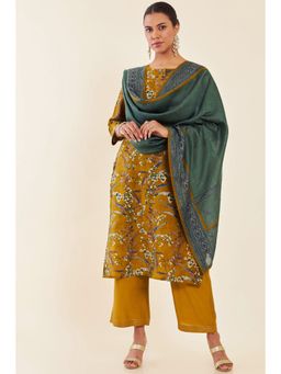 Soch - Olive Muslin Floral Printed Straight Suit Kurta with Palazzo and Dupatta (Set of 3)