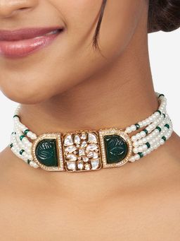 Joules By Radhika - Gold Finish Green and Off White Kundan Polki Choker Necklace