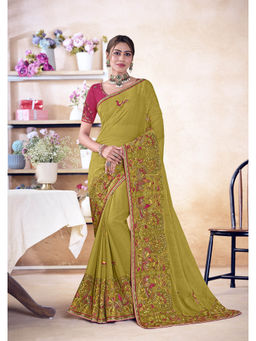 Laxmipati Sarees - Women Olive Chiffon Embroidered Saree with Unstitched Blouse with Unstitched