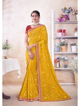 Laxmipati Sarees - Women Mustard Chiffon Embroidered Saree with Unstitched Blouse with Unstitched