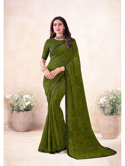 Laxmipati Sarees - Women Green Georgette Floral Saree with Unstitched Blouse with Unstitched