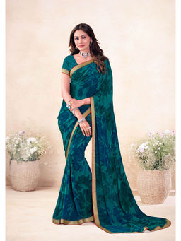 Laxmipati Sarees - Women Teal Georgette Floral Saree with Unstitched Blouse with Unstitched