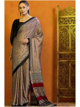 Mysilklove - Women Grey Satin Stripes Saree with Unstitched Blouse with Unstitched